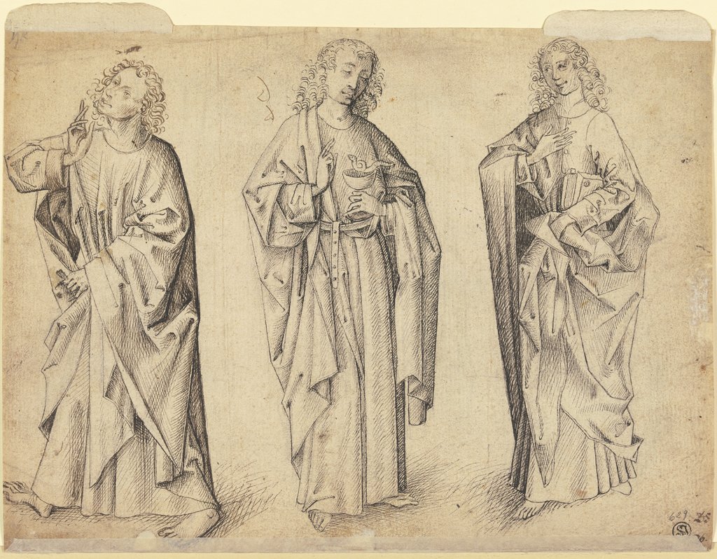 Drei Entwürfe zu einem stehenden Johannes dem Evangelisten, Meister E. S.;  Umkreis
