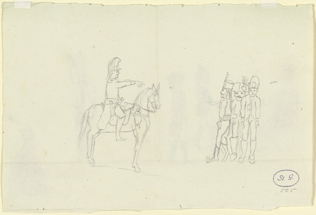 Ein Soldat zu Pferde und drei stehende Soldaten in verschiedenen Uniformen, Franz Pforr