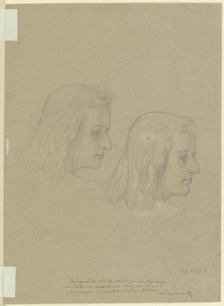 Der Kopf des jugendlichen Schiller, im Profil nach rechts, zweimal nebeneinander, Moritz von Schwind