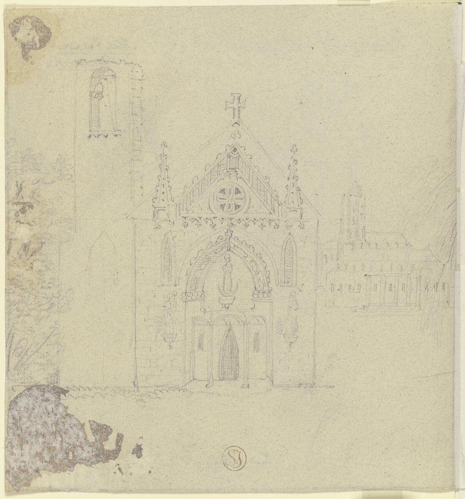 Gotische Kirchenfassade mit läutender Glocke, Ludwig Emil Grimm
