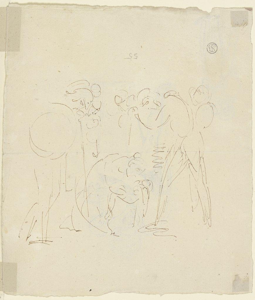 Eine Gestalt, umgeben von antikisch gewandeten Kriegern, hebt den Körper eines Kindes (?) vom Boden auf, Gustav Heinrich Naeke