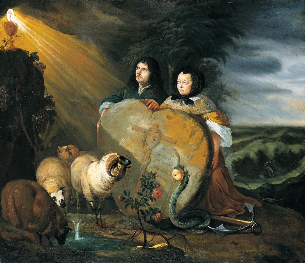 Bildnis eines Ehepaars, vermutlich Johann Wilhelm Petersen und Johanna Eleonora von Merlau, mit einer Allegorie des Glaubens, Johann Heinrich Roos;   zugeschrieben