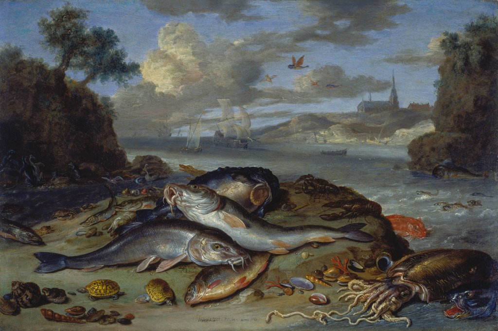 Stillleben mit Fischen und Meeresgetier in einer Küstenlandschaft, Jan van Kessel d.Ä.
