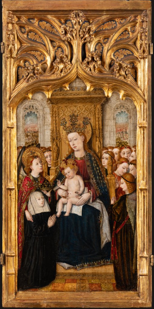 Thronende Madonna mit Kind, Engeln und Stifterin, Jacomart Baçó, Juan Rexach;  Werkstatt