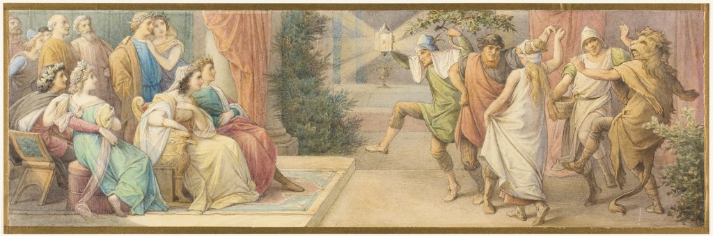 Das Herrscherpaar Theseus und Hippolyta, die Brautpaare Demetrius und Helena sowie Lysander und Hermia verfolgen das von den Handwerkern dargebotene Schauspiel, Leopold von Bode