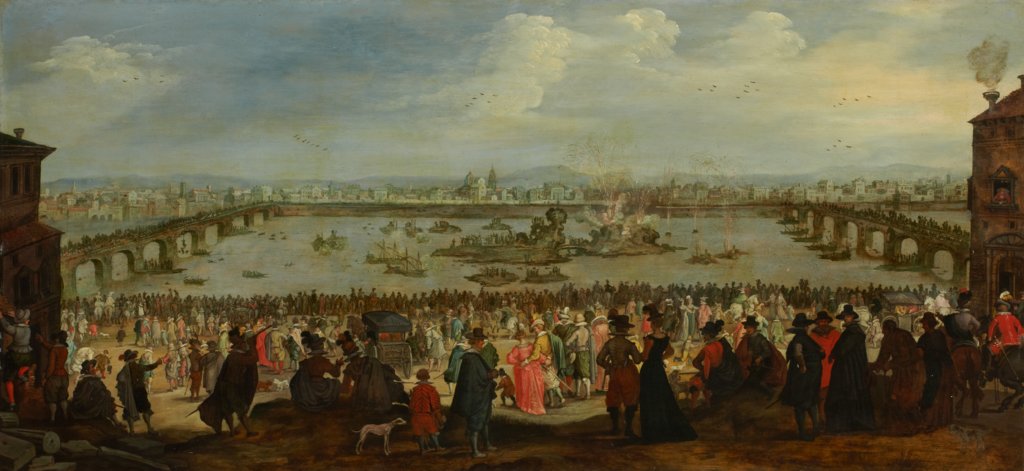 Die Schauschlacht zwischen der Weber- und der Färberzunft auf dem Arno in Florenz am 25. Juli 1619, Niederländischer Meister um 1619, nach Jacques Callot