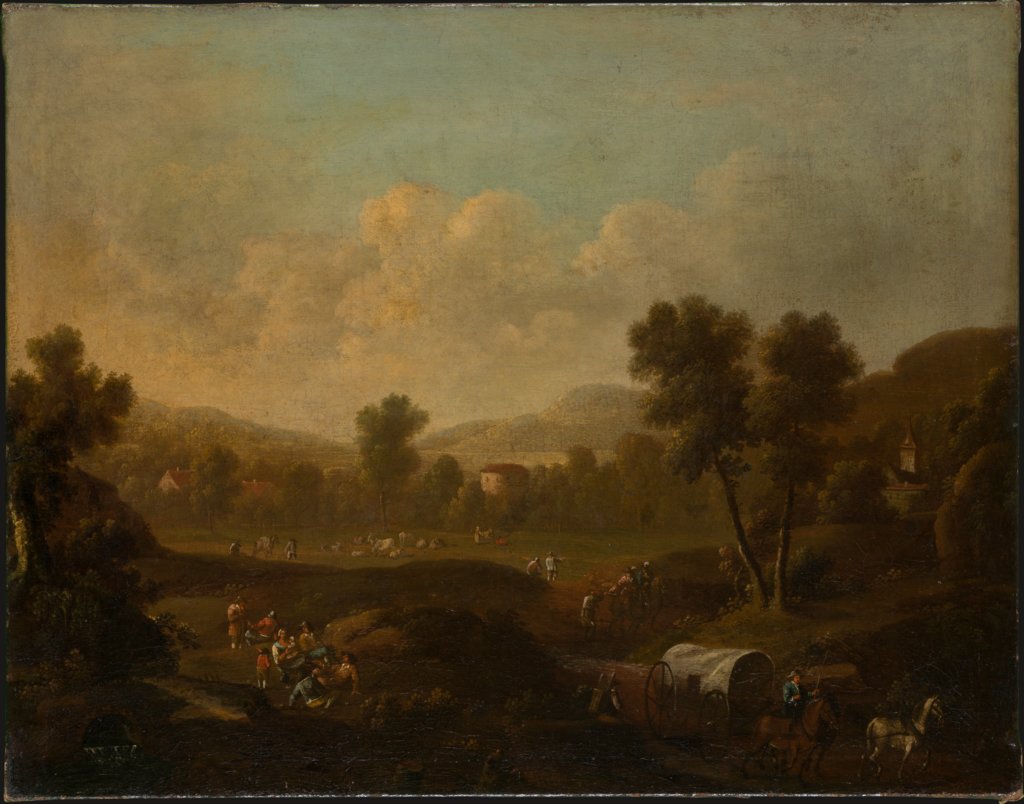 Bergige Landschaft mit rastenden Figuren und Planwagen, Holländischer Meister des 18. Jahrhunderts