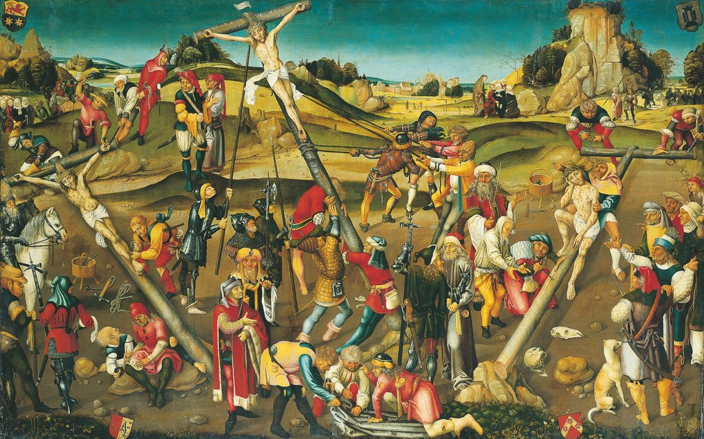 Kreuzbereitung mit rastendem Christus, Kreuzanheftung und Kreuzaufrichtung, Straßburger Meister um 1510/20