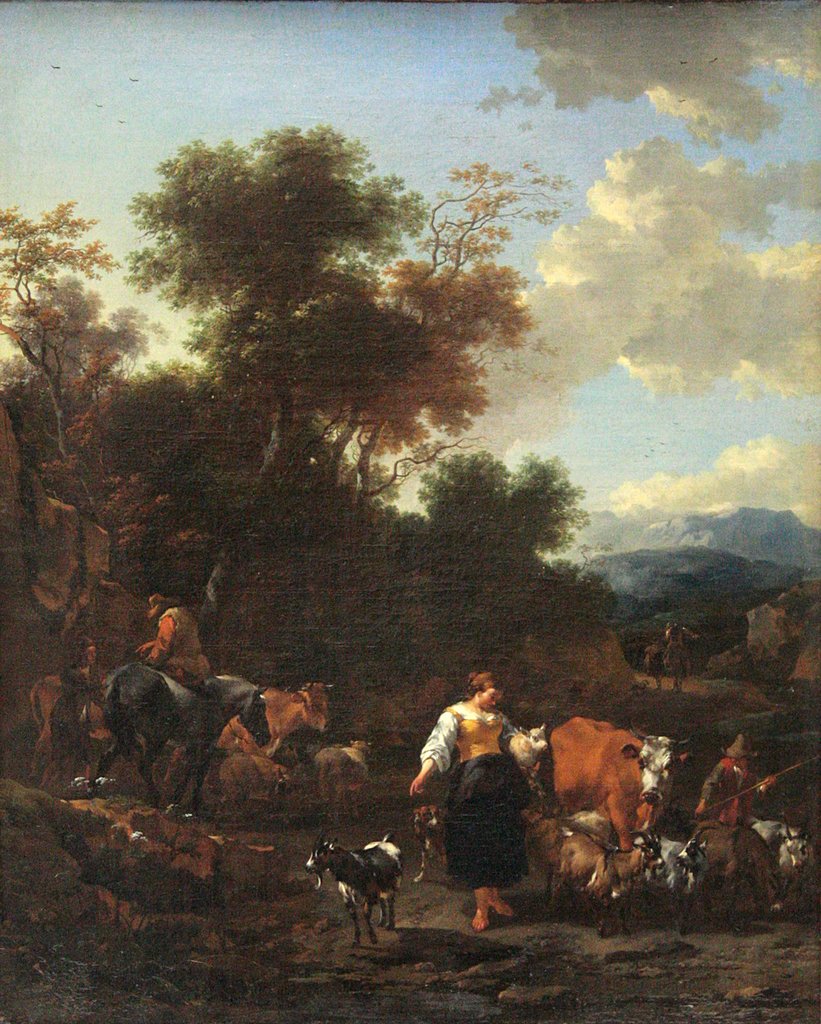 Italian Landscape with Shepherds at a River, Nicolaes Berchem