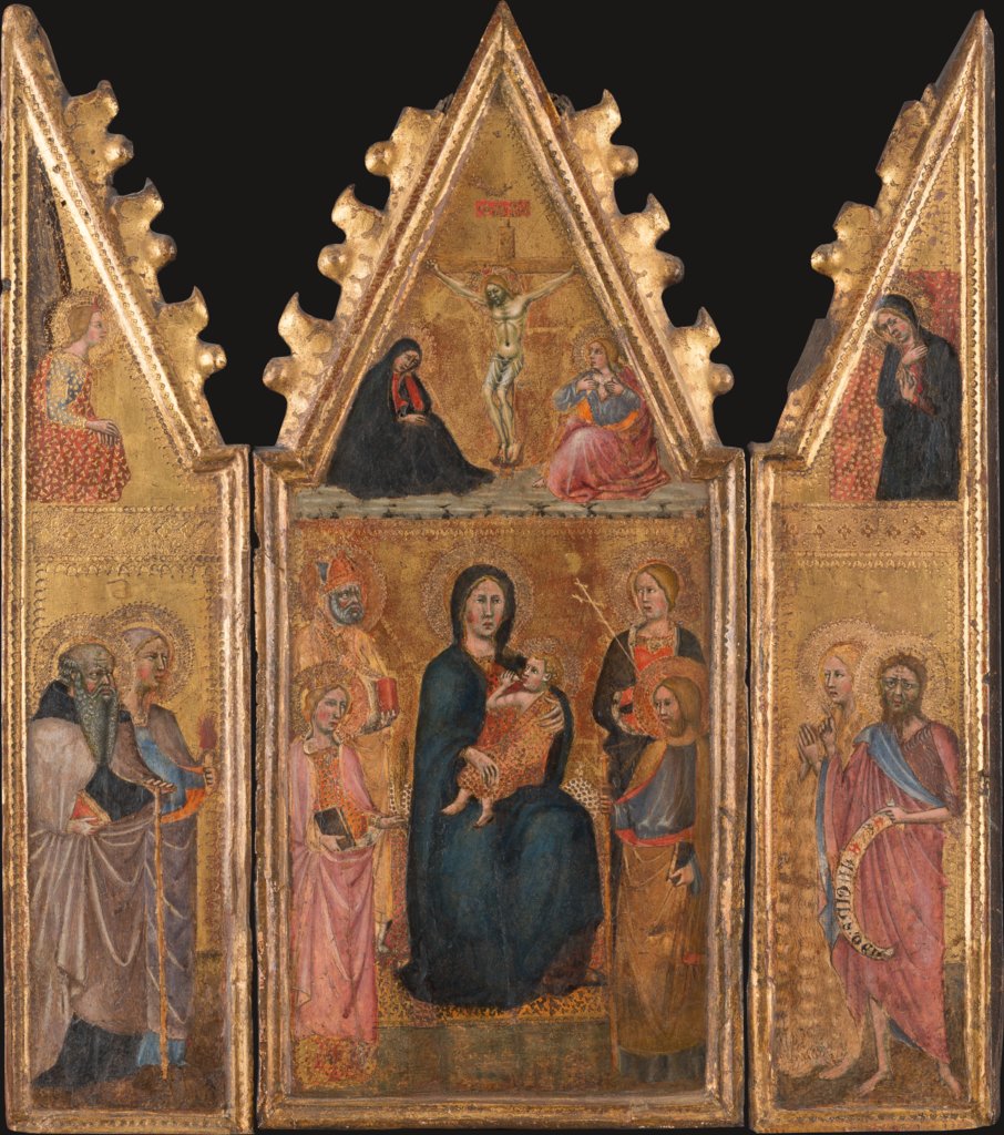 Triptychon der Madonna mit Kind und Heiligen, Kreuzigung Christi, vier Heiligen und der Verkündigung an Maria, Cristoforo di Bindoccio, Meo di Pero