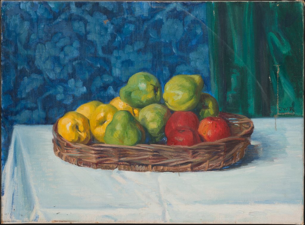 Stillleben mit einem Korb mit Äpfeln auf einem Tisch vor Vorhang und Tapete, Ottilie W. Roederstein