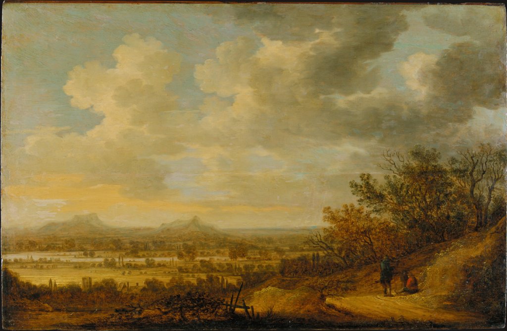 Abendliche Flusslandschaft mit rastenden Wanderern, Johannes Pietersz. Schoeff