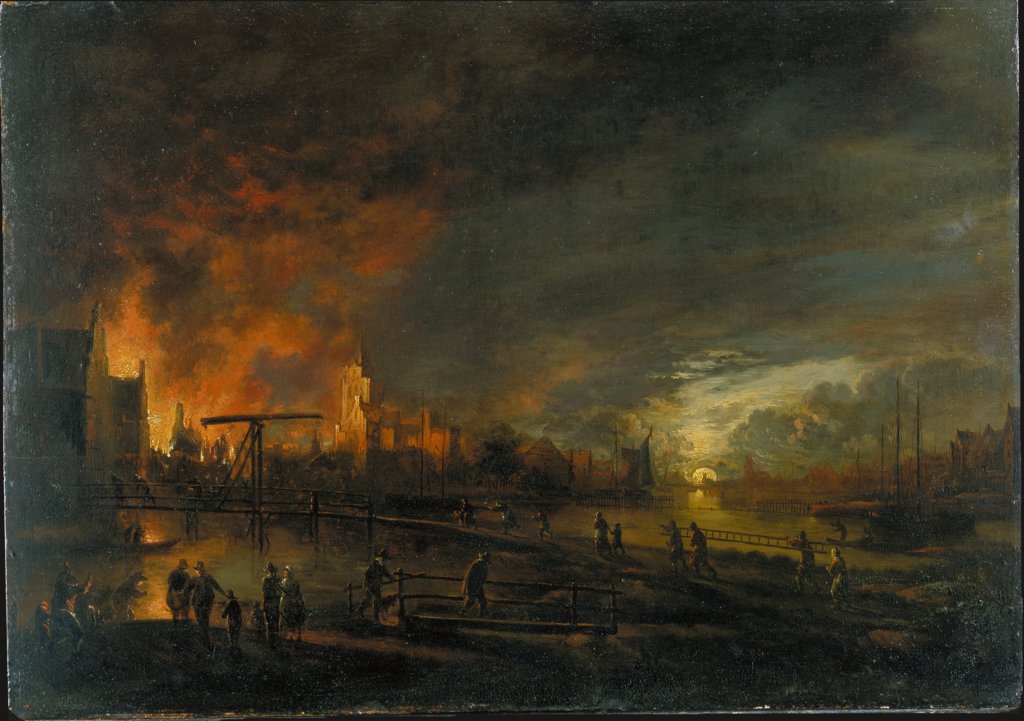 Nocturnal Fire in a Dutch City, style of Aert van der Neer