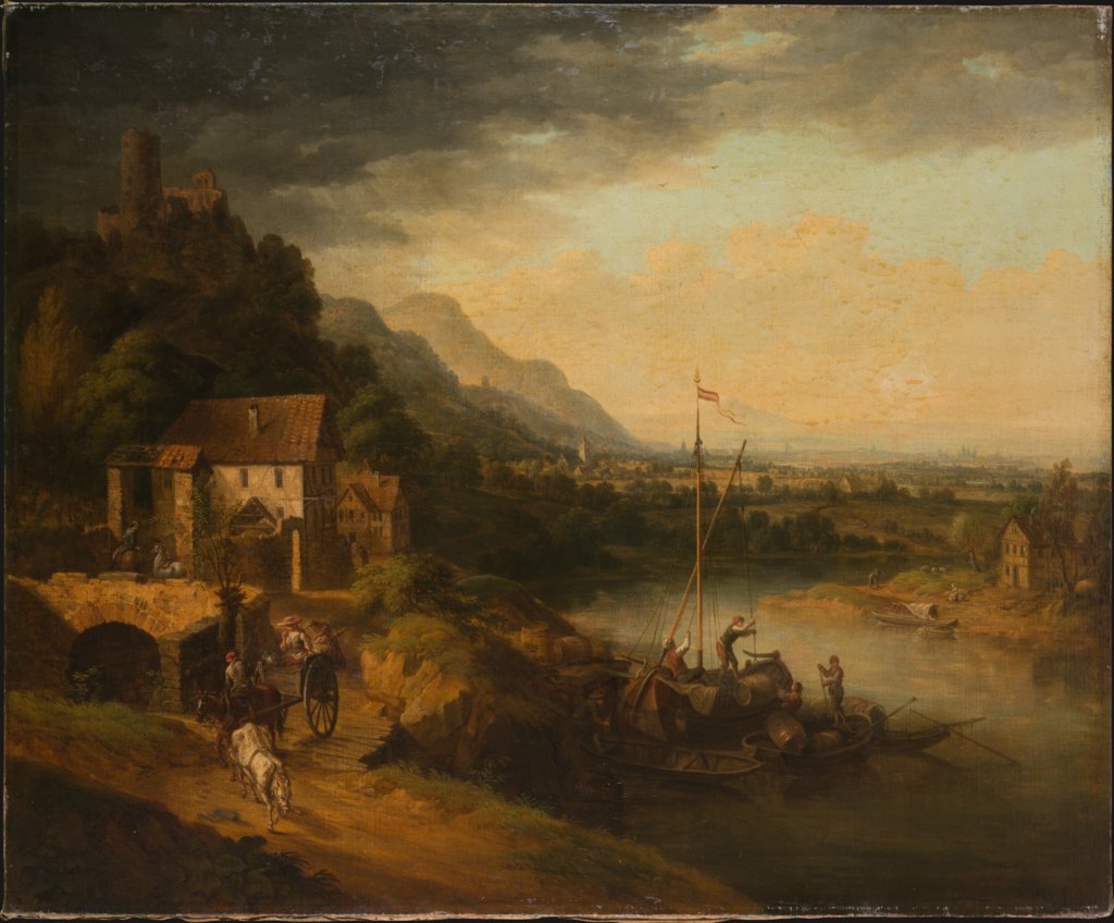 River Landscape with Barge, Christian Georg Schütz the Elder;  circle