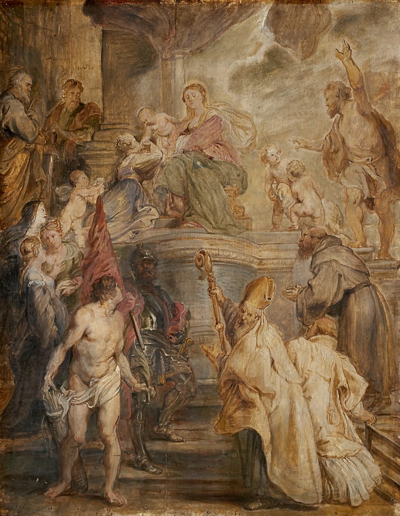 The Mystic Marriage of St Catherine (Colour Sketch for the Altar of the Church of the Augustinian Fathers in Antwerp), verso: Two Cavalry Battles, Peter Paul Rubens
