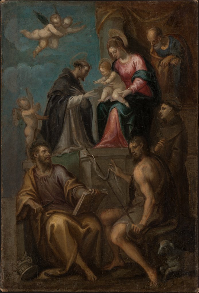 Thronende Madonna mit dem Kind und den Heiligen Joseph, Dominikus, Bartholomäus, Johannes der Täufer und Franziskus, Italienischer Meister der zweiten Hälfte des 16. Jahrhunderts