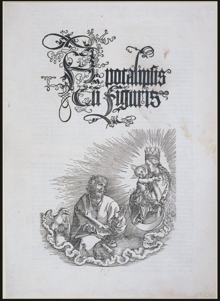 Apocalipsis cum figuris, Titelblatt der 1511 veröffentlichen lateinischen Ausgabe der Apokalypse, mit dem Holzschnitt "Die Jungfrau erscheint Johannes", Albrecht Dürer