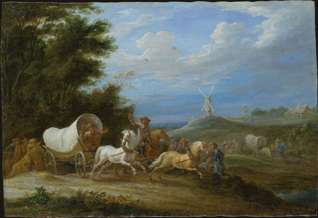 Landschaft mit dem Überfall einer Reitertruppe auf einen Packwagen, Lambert de Hondt