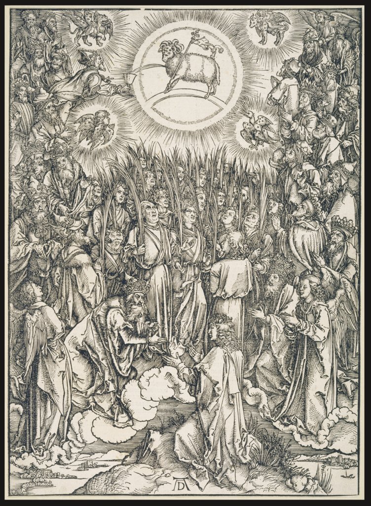 Lobgesang der Auserwählten / Anbetung des Lammes, aus der Folge der Apokalypse, Urausgabe Latein 1498, Albrecht Dürer
