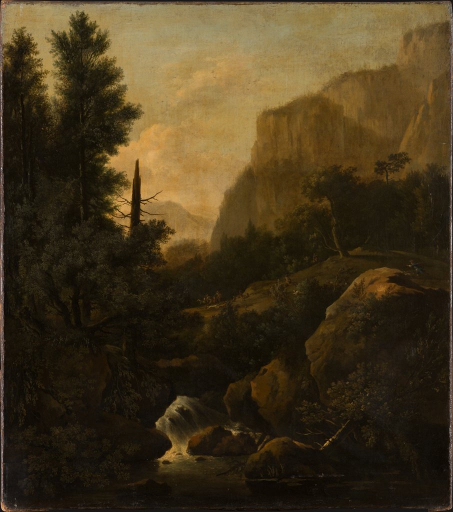 Gebirgslandschaft mit einer Hirschjagd bei einem Wasserfall, Frederik de Moucheron, Adriaen van de Velde