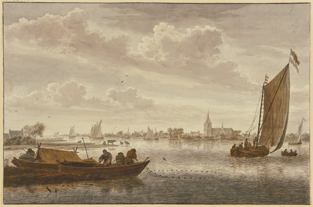 Ein Fluss, belebt mit Schiffen und Schiffern, dabei ein Städtchen, Cornelis van Noorde, nach Jan van Goyen