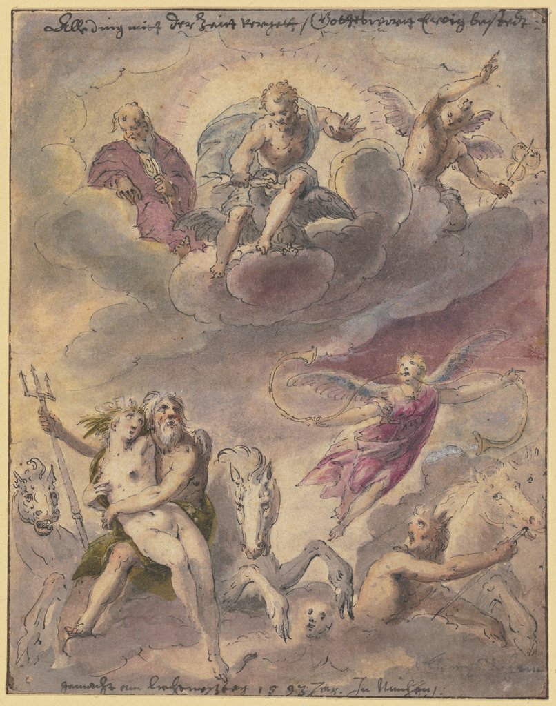 Neptun und Amphitrite mit Seegöttern, Pferden und der schwebenden Fama, in den Wolken Jupiter, Merkur und ein dritter Gott, Georg Beham