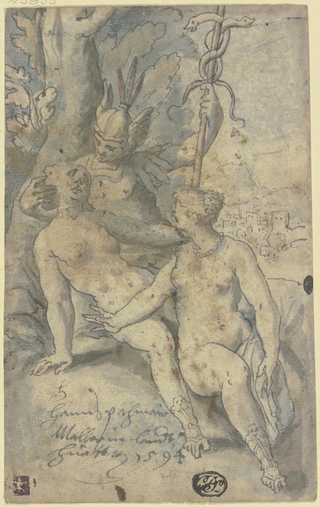 Hermes vor einem Baum sitzend, mit zwei allegorischen Frauengestalten, Hans Pachmair