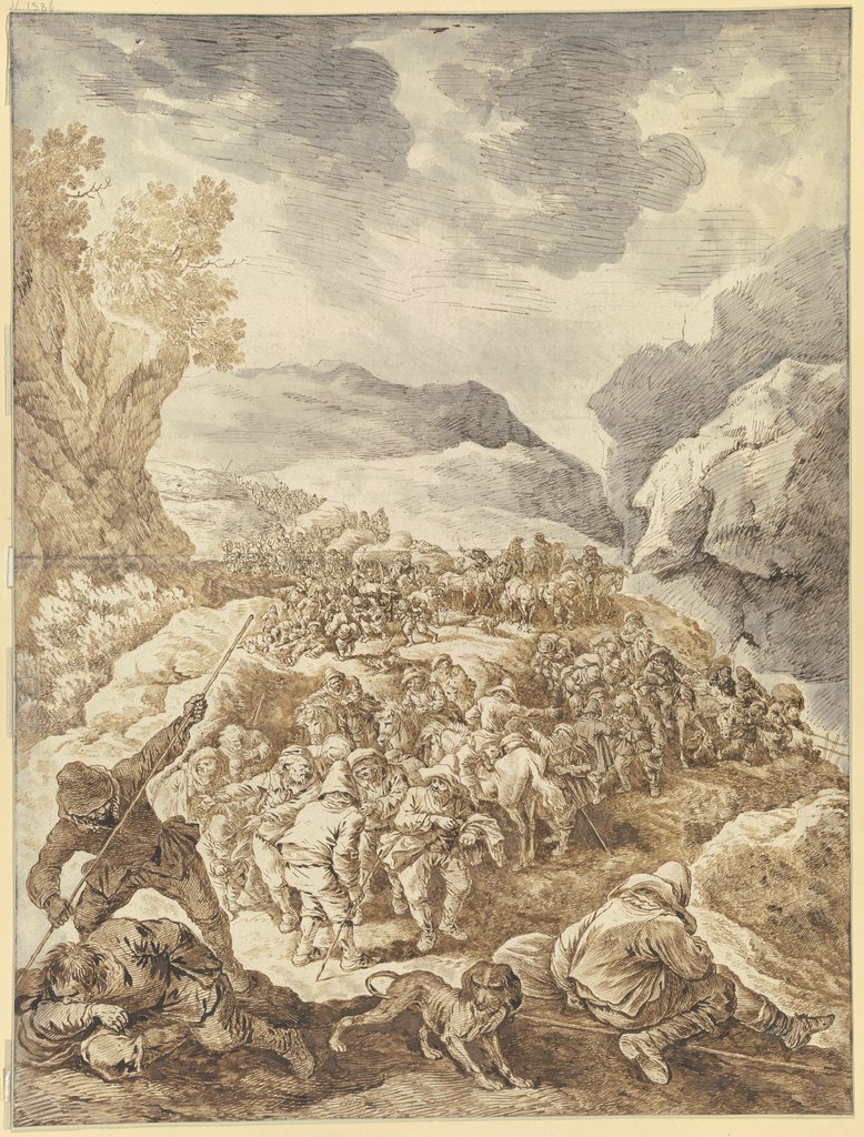 Ein großer Zug von Männern zu Fuß und zu Pferde durch eine Felsschlucht, Johann Albrecht Dietzsch