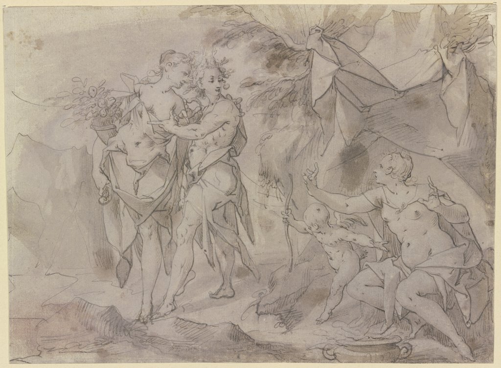 Venus und Amor unter einem Zelt sitzend, links von ihnen stehen Flora und Zephir, Joseph Heintz d. Ä.