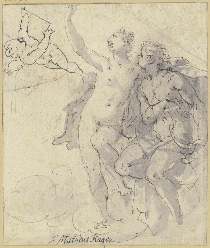 Venus, Apoll und Amor, durch die Wolken schwebend, Johann Matthias Kager