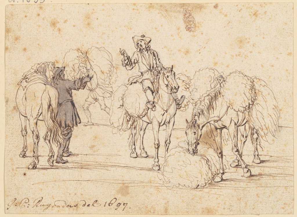 Zwei furagierende Reiter mit drei Pferden, Georg Philipp Rugendas d. Ä.
