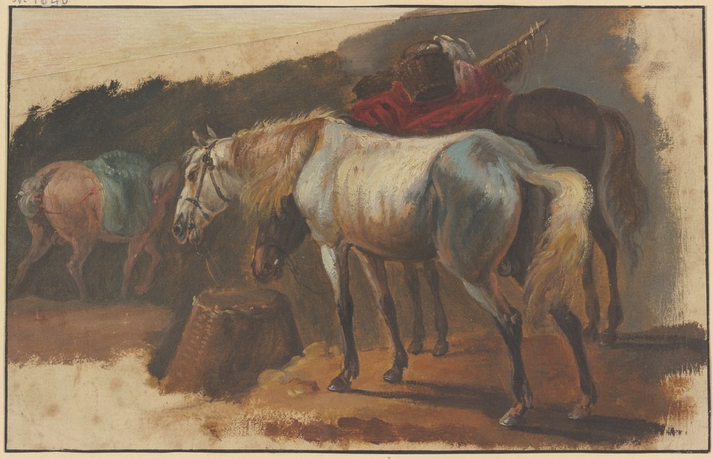 Ein Schimmel und ein bepackter Brauner an einem Korb stehend, im Hintergrund ein drittes Pferd mit blauer Decke, Georg Philipp Rugendas d. Ä.