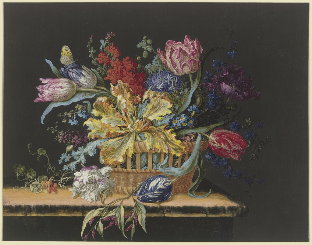 Blumenkorb mit Tulpen, Levkojen, Rittersporn und anderen Blumen auf einem Tisch, Deutsch, 18. Jahrhundert, Barbara Regina Dietzsch