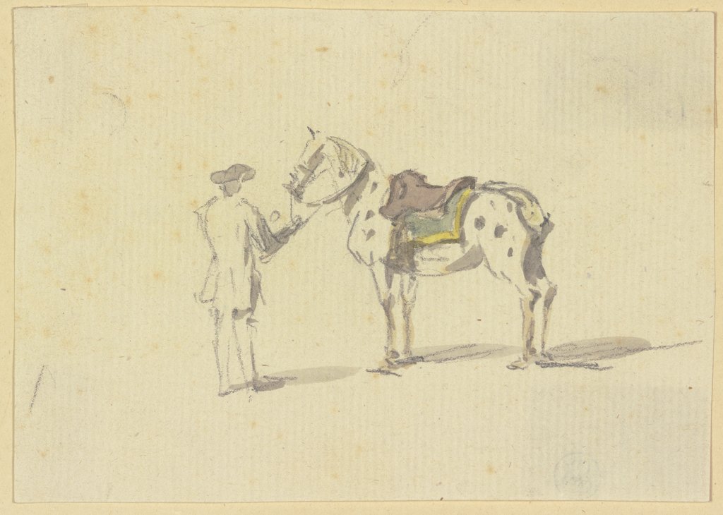 Ein Mann in Rückenansicht hält ein geflecktes Pferd am Zügel, Johann Ludwig Aberli