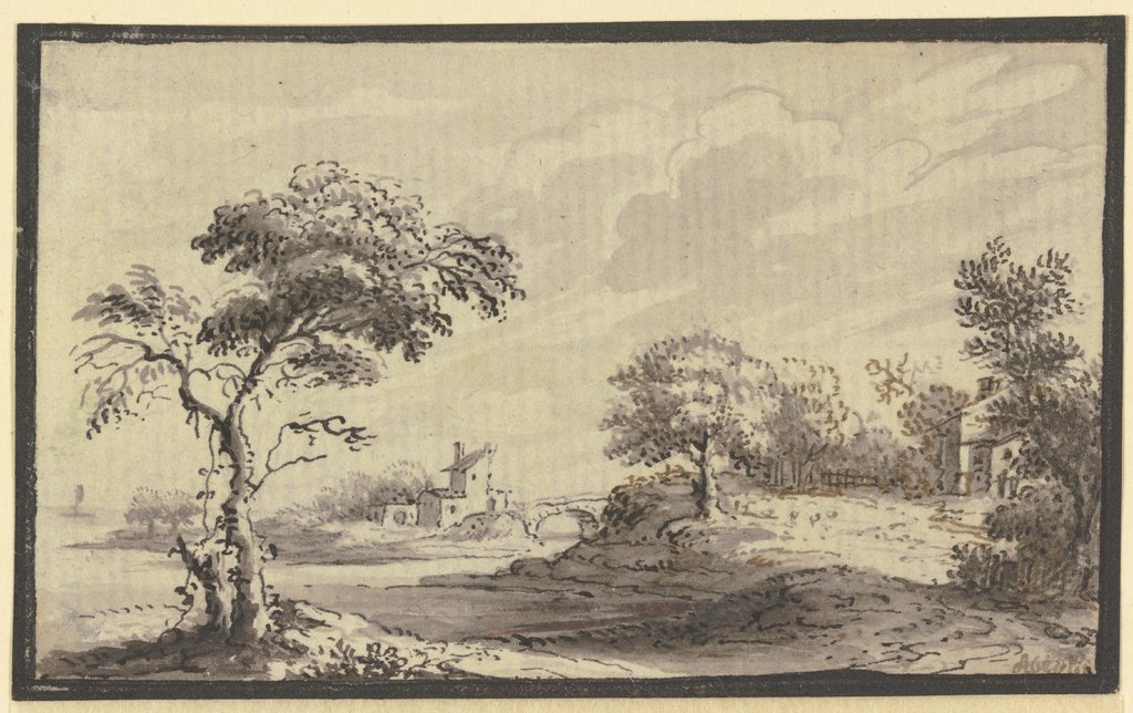 Hügelige Landschaft mit Fluß, Bäumen und Häusern, Johann Ludwig Aberli
