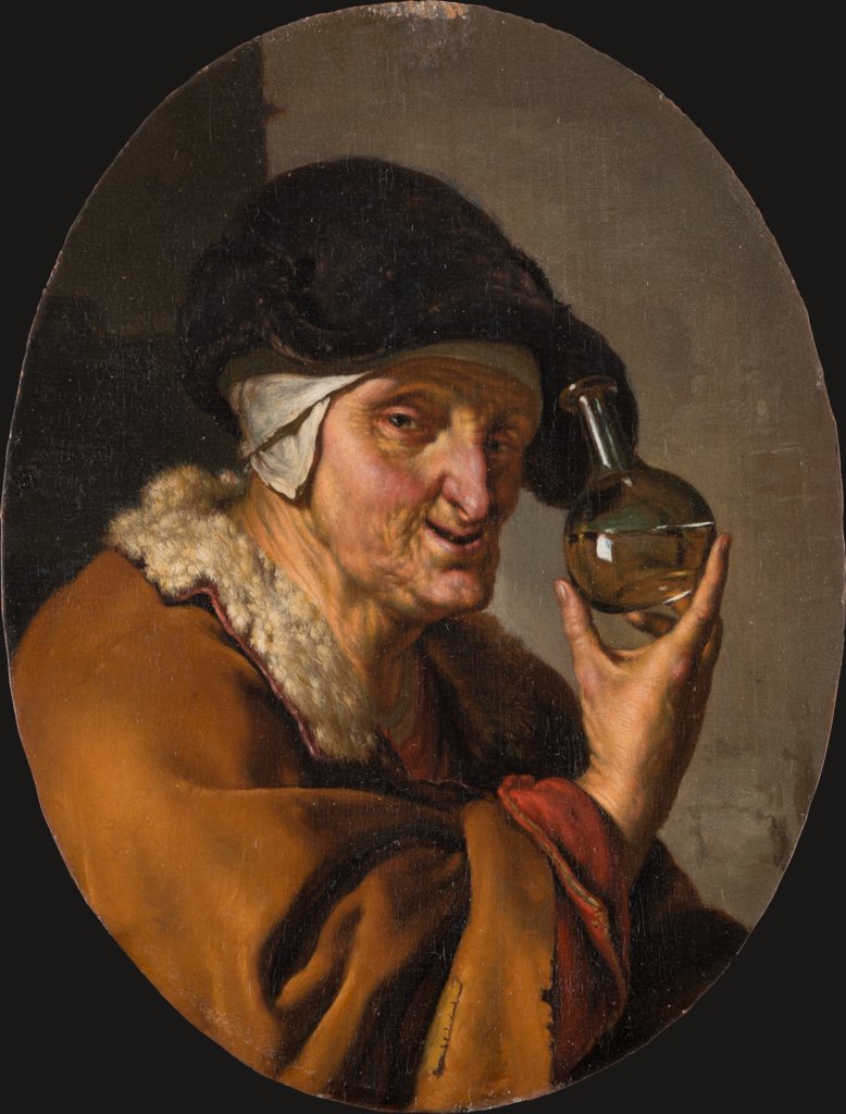 Eine alte Frau mit einem Uringlas: "Die Kurpfuscherin", Willem van Mieris