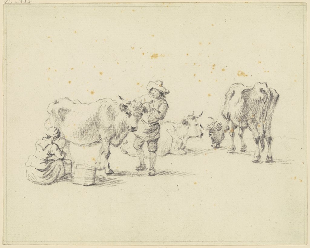 Drei Kühe, Hirte und melkende Frau, Friedrich Wilhelm Hirt