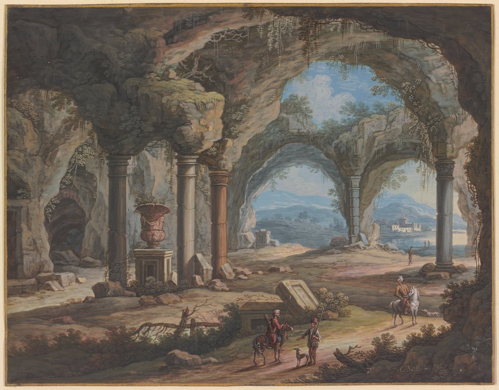 Inneres einer säulengestützten Grotte, darin eine große Vase, Carl Sebastian von Bemmel