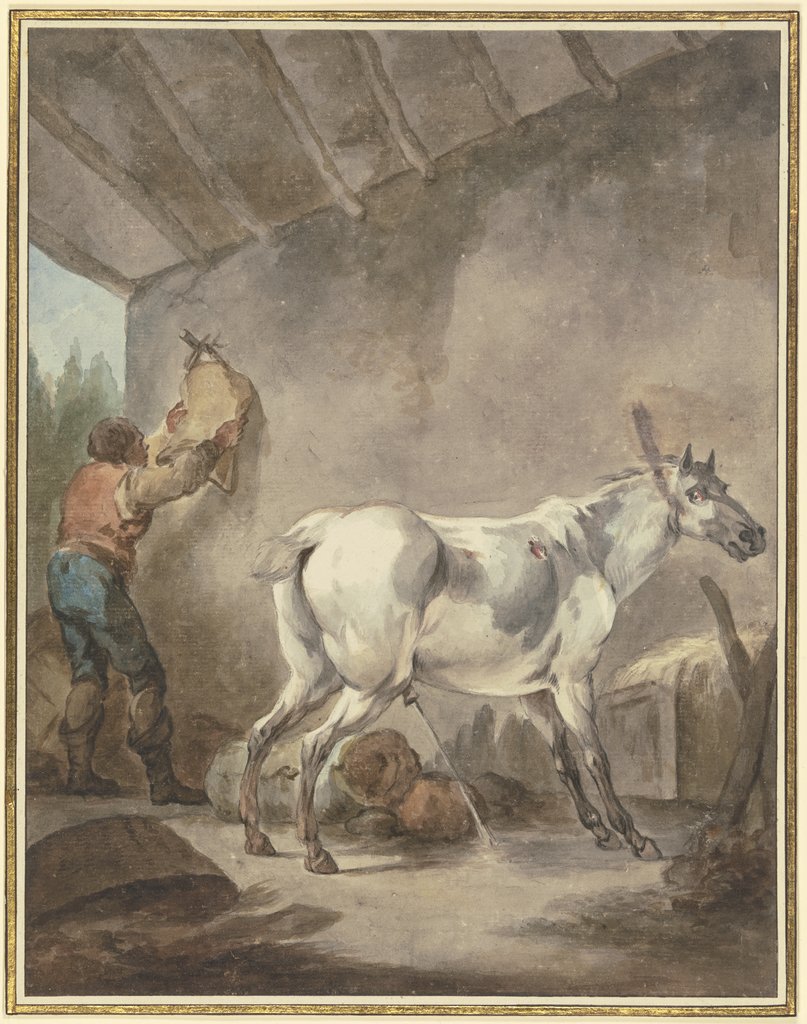 Ein stallender Schimmel mit einem Bauern, der einen Sattel aufhängt, Francesco Giuseppe Casanova