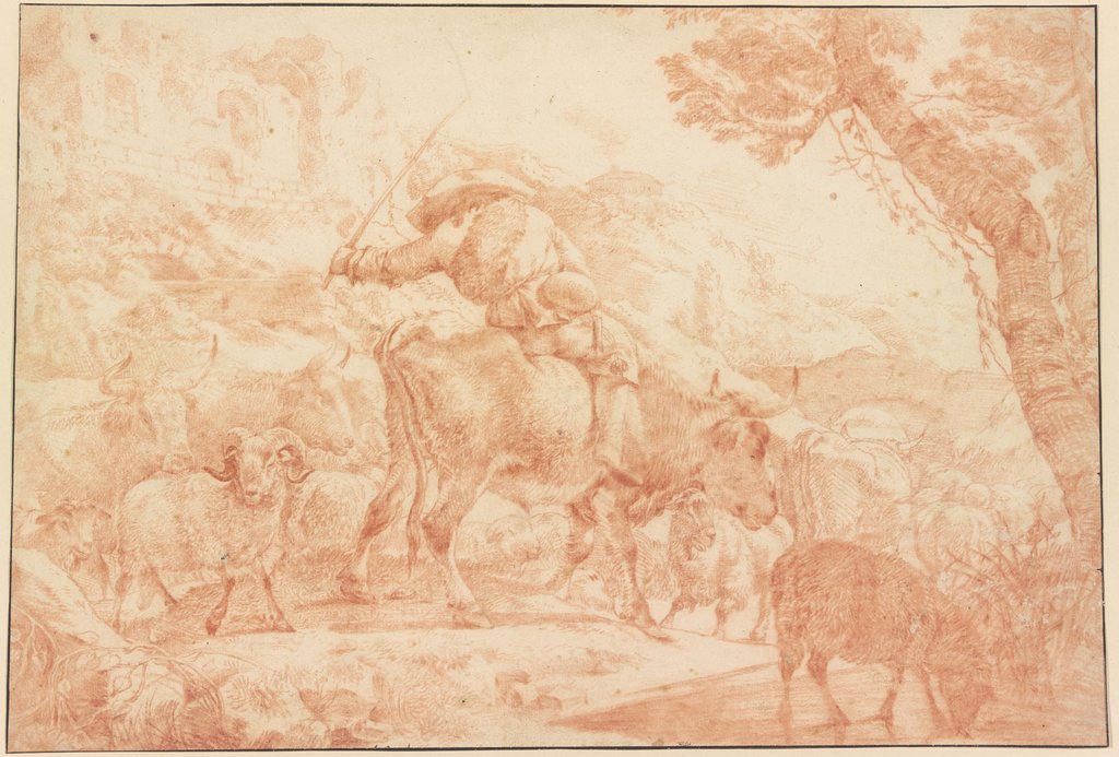Ein auf einem Ochsen reitender Hirte treibt seine Herde heimwärts, Johann Heinrich Roos