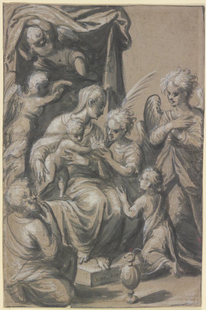 Die Heilige Familie mit dem Johannesknaben unter einem Baldachin, von vier Engeln umgeben, ein Engel empfängt von dem Christkind eine Krone für den knienden Knaben, Georg Kopp d. Ä.