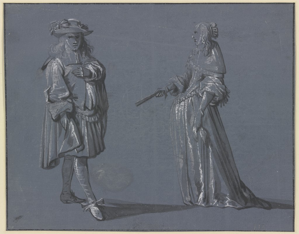 Zwei Figuren in eleganter Tracht, links ein stehender Kavalier in Vorderansicht, rechts eine stehende Dame im Profil nach links mit einem Fächer in der Rechten, Jacob Weyer
