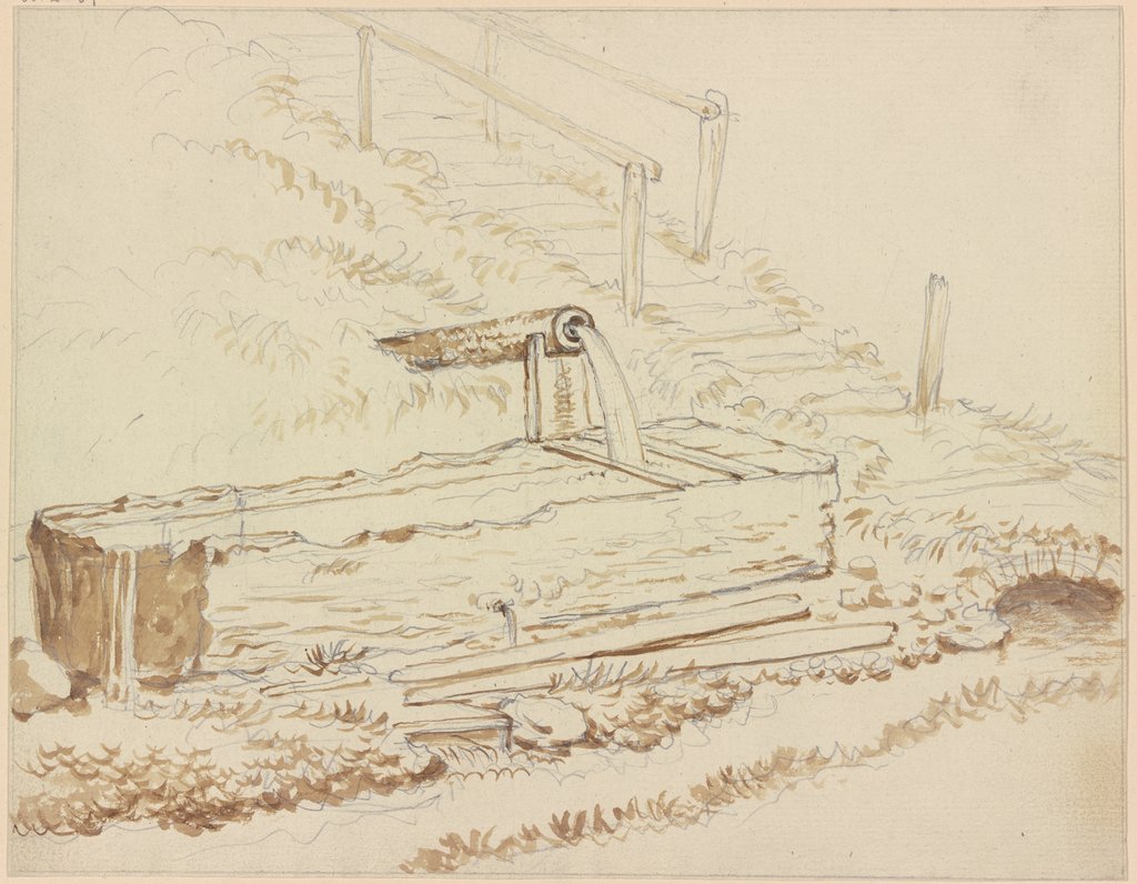 Brunnentrog mit Wasserrohr, daneben eine Treppe, Friedrich Wilhelm Hirt