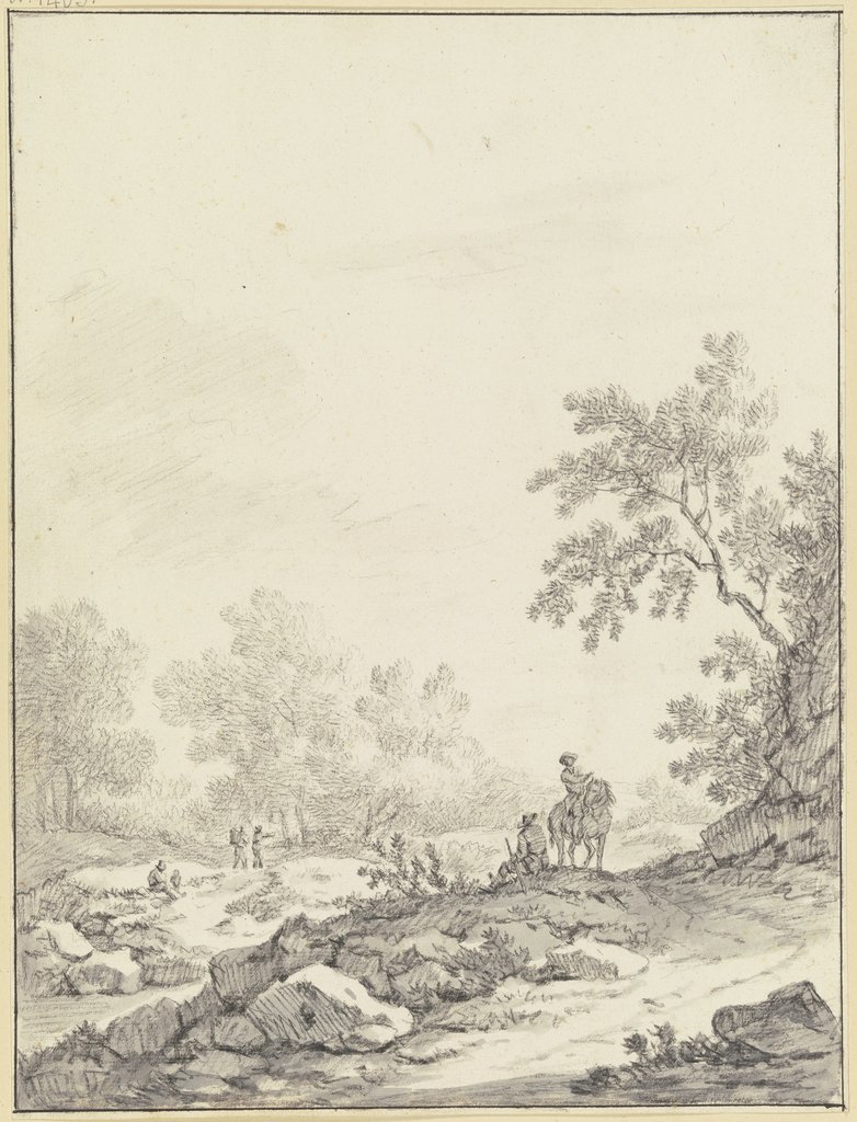 Hügeliges Gelände mit Bäumen und Gestein, im Vordergrund ein Reiter und ein sitzender Mann, links drei weitere Figuren, Johann Christoph Dietzsch