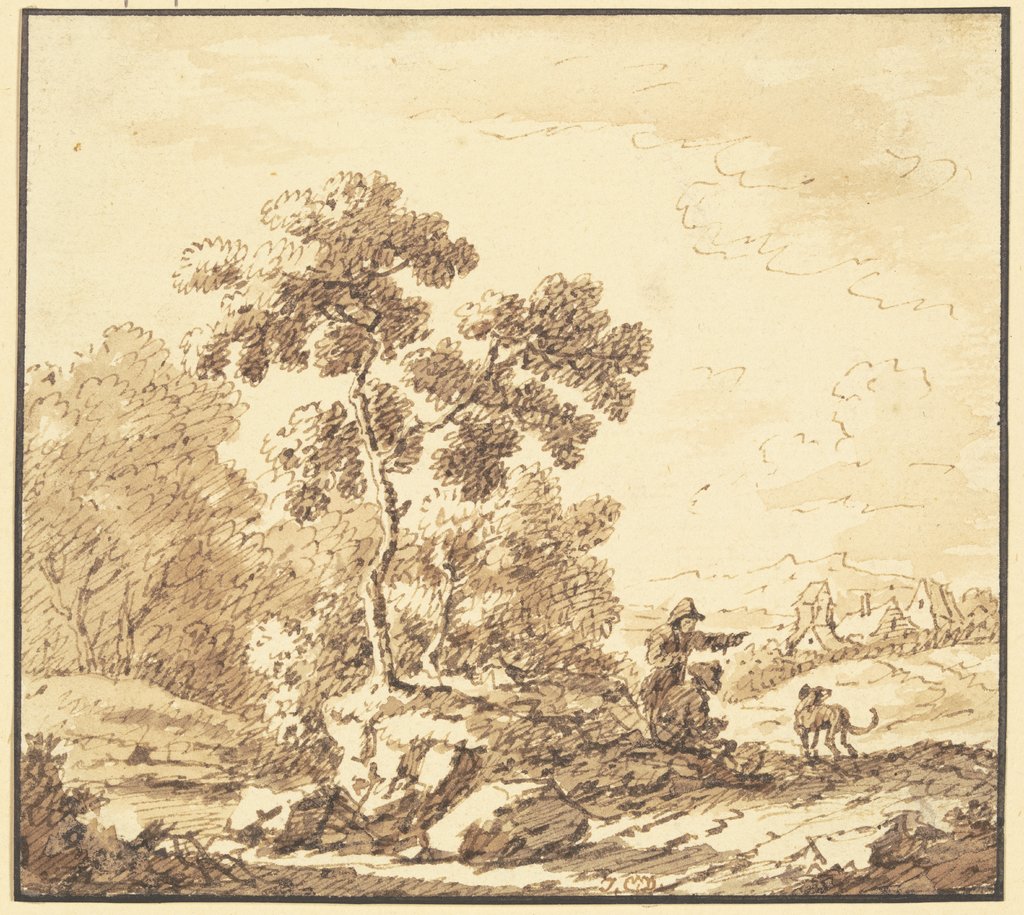 Waldrand, rechts Ausblick auf ein Dorf, am Weg ein stehender und ein sitzender Mann mit einem Hund, Johann Christoph Dietzsch