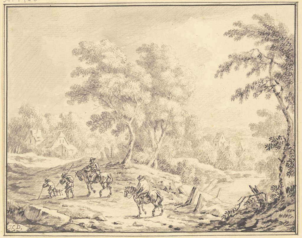 Bewaldete hügelige Landschaft, in der Mitte eine Baumgruppe, hinter der Häuser liegen, im Vordergrund ein Mann und eine Frau zu Pferde mit zwei Begleitern zu Fuß, Johann Christoph Dietzsch