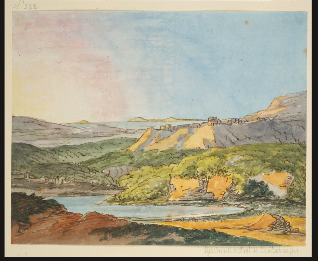 Südliche Landschaft am Meer mit bewaldeten Hügeln und einem Gewässer im Vordergrund, Johann Wolfgang von Goethe