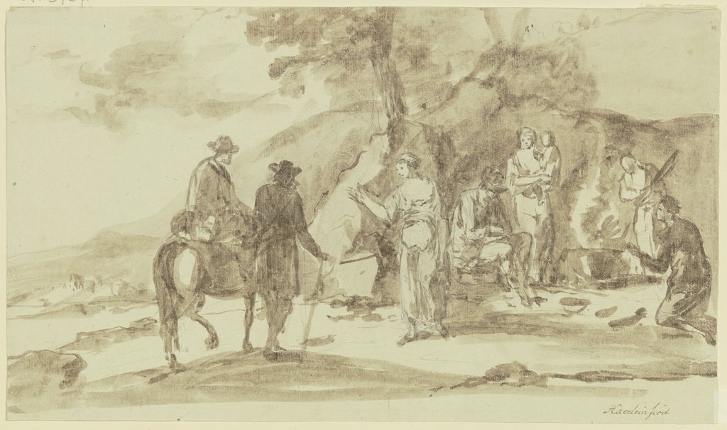 Rechts an einem Berghang eine Gruppe von vier Personen mit einem Kind bei einer Feuerstelle, links begrüßt eine Frau zwei Wanderer, von denen einer zu Pferde ist, hinter ihnen Ausblick in die Landschaft, Johann Andreas Herrlein