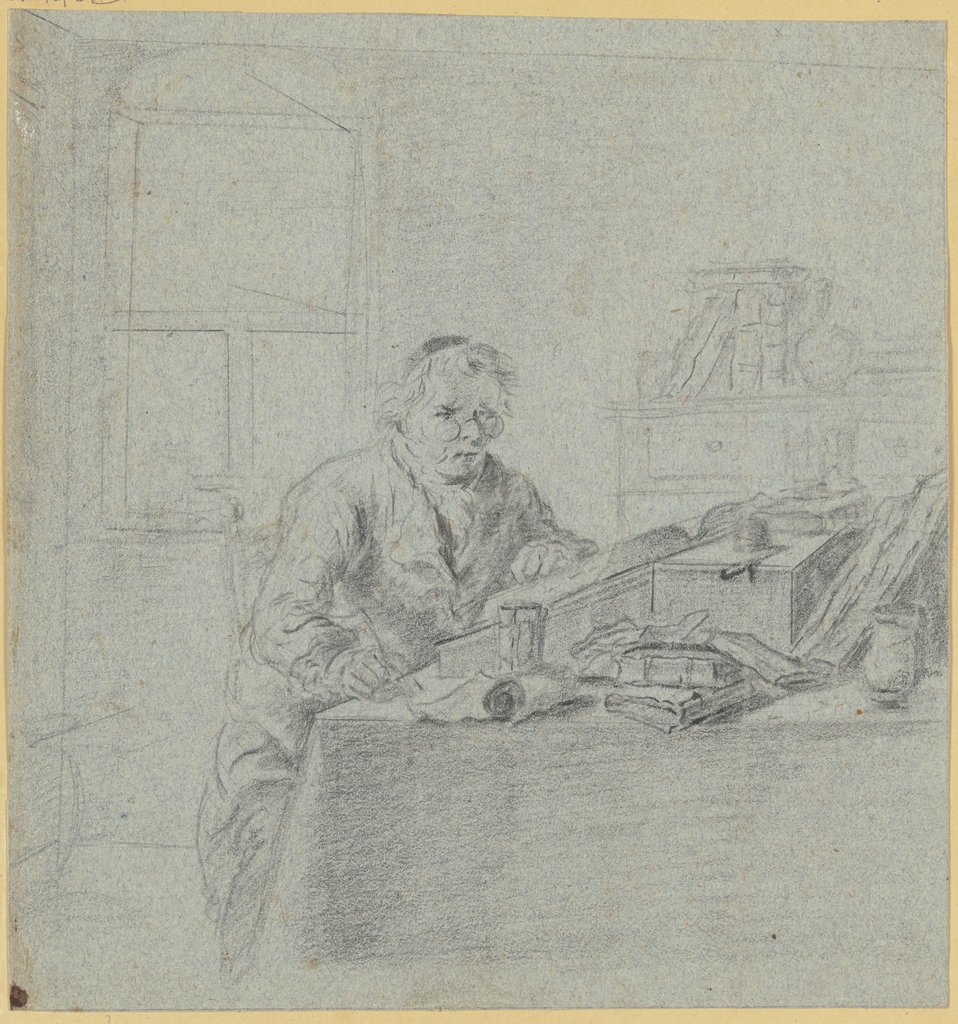 Gelehrter im Studierzimmer am Fenster vor seinem Schreibtisch sitzend, Justus Juncker