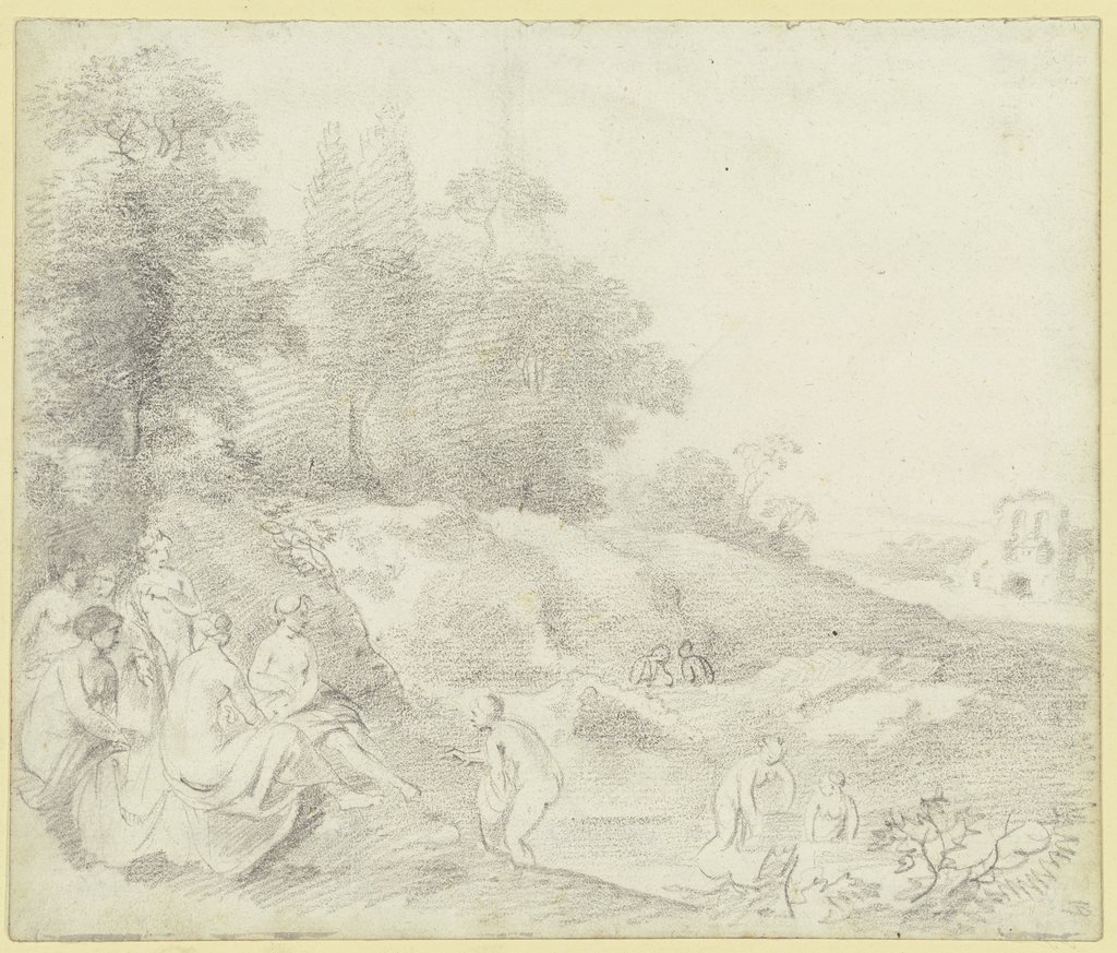 Gruppe von zehn badenden und am Ufer lagernden Mädchen an einem Waldrand, Johann Christian Klengel
